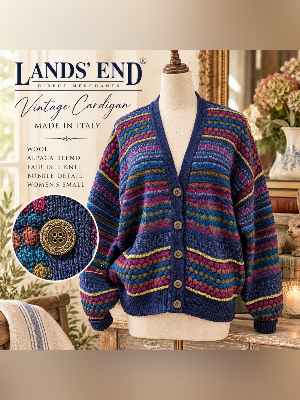 Vintage Lands End Italian Wool Alpaca Bobble Fair Isle Grandpa Cardigan Small